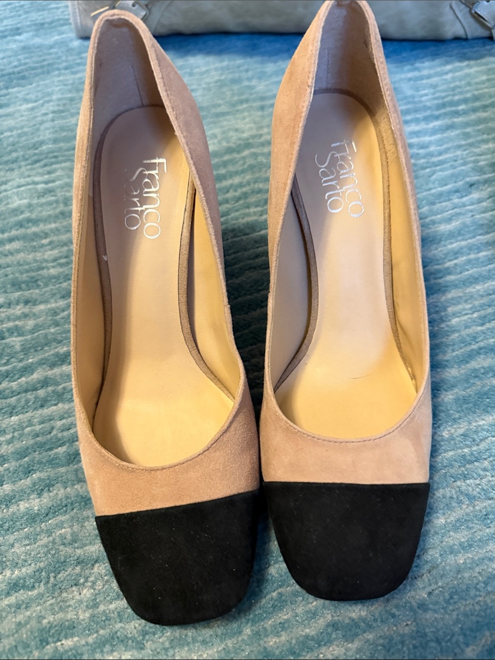 Franco Sarto Two-Tone Suede Block Heel Pumps - Beige and Black